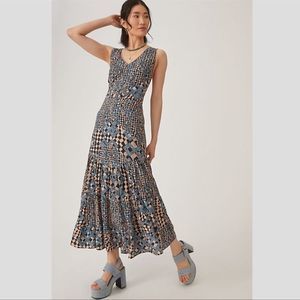 Anthropologie - Maxi Dress Let Me Be Flounced Long Dress Blue Tan